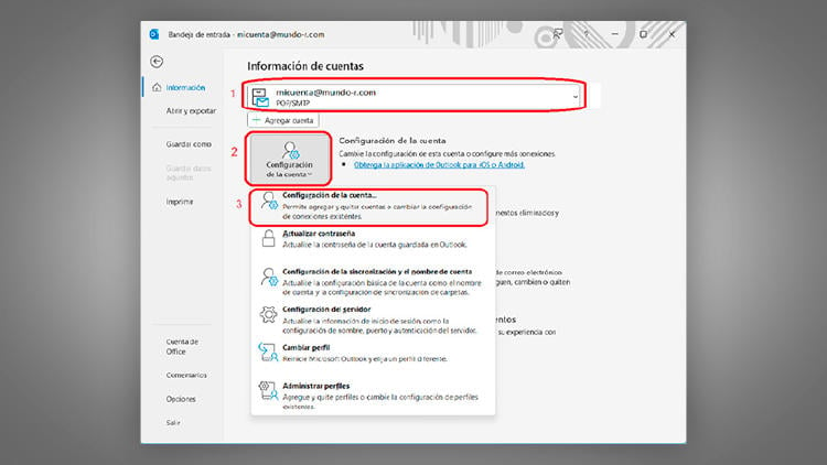 Actualizar la configuración del correo de R en Outlook