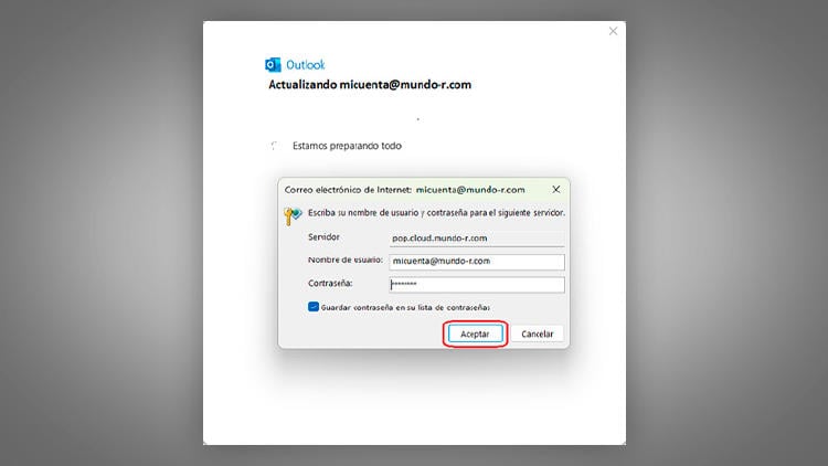 Actualizar la configuración del correo de R en Outlook