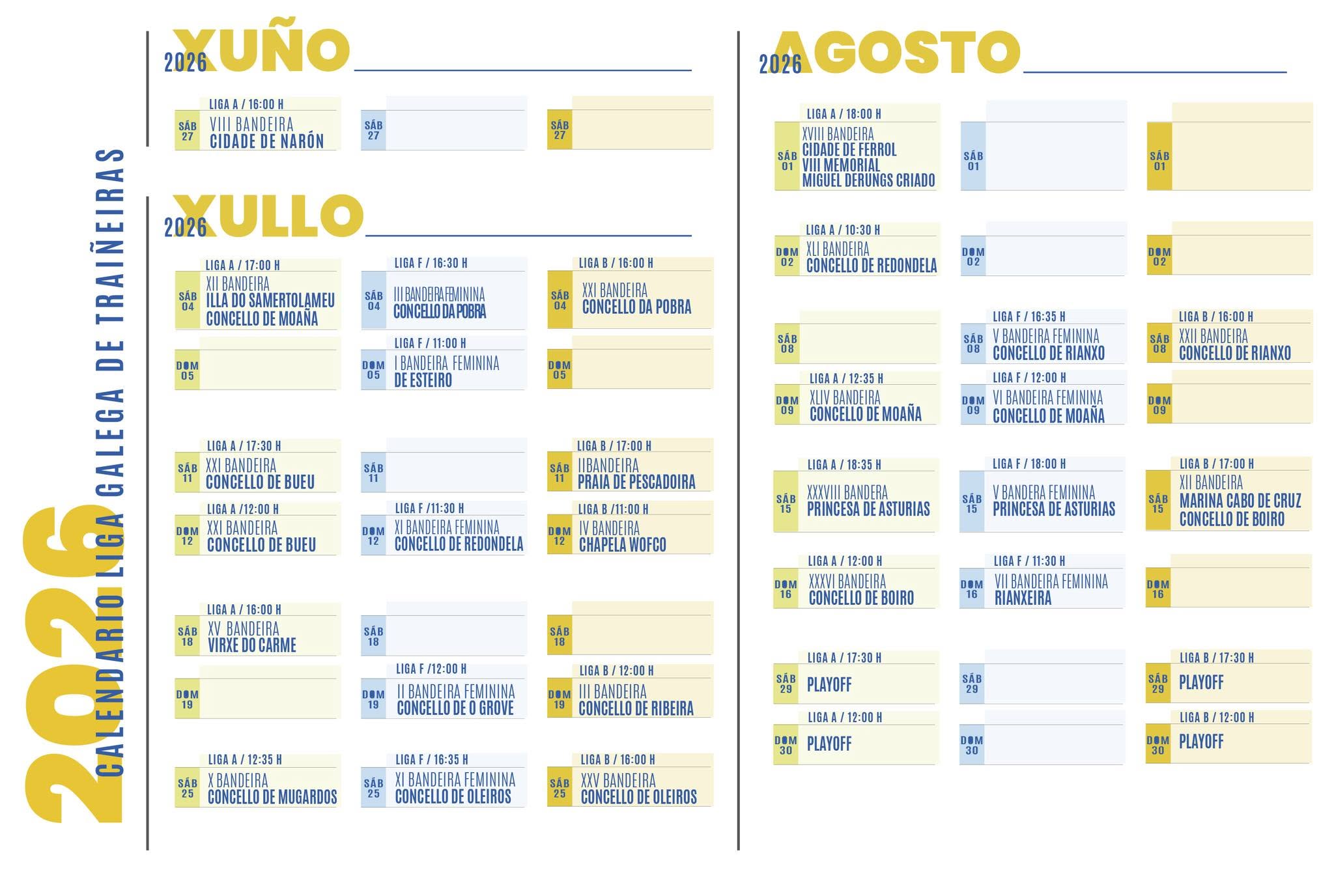 Calendario Liga Galega de Traiñeiras 2026